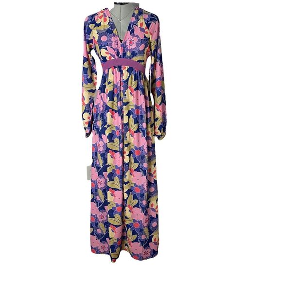 Unique Vintage Navy Purple 70s Style Long Sleeve Maxi Dress Spring Summer XS - Picture 1 of 13